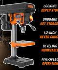 Cast Iron Benchtop Drill Press With 2.3 Amp Motor Eight Inch Swing Five Speed Settings with onboard key storage and half inch keyed chuck.