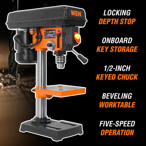 Cast Iron Benchtop Drill Press With 2.3 Amp Motor Eight Inch Swing Five Speed Settings with onboard key storage and half inch keyed chuck.