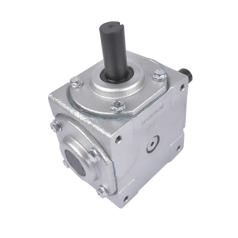 Beefy 40 HP Right Angle Bevel Gearbox With 2 Keyed Shafts 1 To 1 Cast Iron showing one keyed shaft and cast iron housing.