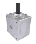Front view of Beefy 40 HP Right Angle Bevel Gearbox With 2 Keyed Shafts 1 To 1 Cast Iron, showing cast iron casing.