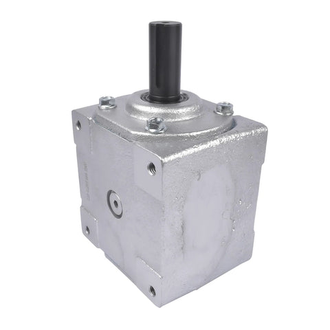 Front view of Beefy 40 HP Right Angle Bevel Gearbox With 2 Keyed Shafts 1 To 1 Cast Iron, showing cast iron casing.