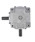 Top view of Beefy 40 HP Right Angle Bevel Gearbox With 2 Keyed Shafts 1 To 1 Cast Iron showing two protruding shafts.
