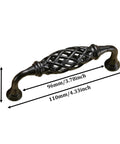 Four Pack Birdcage Style Cast Iron Antique Cabinet Hardware Handles With Center Hole Mount, black finish, size labeled