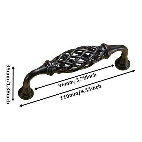 Four Pack Birdcage Style Cast Iron Antique Cabinet Hardware Handles With Center Hole Mount, black finish, size labeled