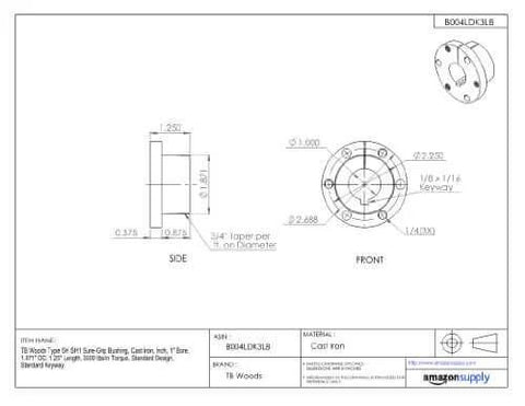Technical drawing of Sure-Grip Cast Iron Bushing For Shaft Mount Type SH SH1 With 1 Inch Bore 1.871 Inch Outer Diameter