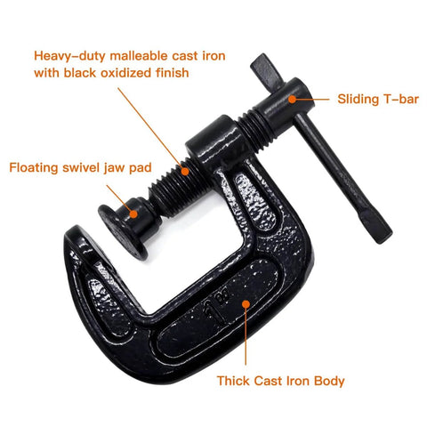 Heavy Duty Cast Iron C Clamps Set One Inch Jaw Opening 0.8 Inch Throat Four Pack For Woodworking Welding And Building with labels