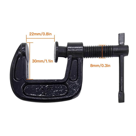 Heavy Duty Cast Iron C Clamps Set One Inch Jaw Opening 0.8 Inch Throat Four Pack For Woodworking Welding And Building, close-up.