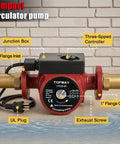 High Efficiency 115V 17 GPM Cast Iron Hot Water Circulation Pump With 1 Inch Flange Inlet Outlet And Three Speed Control For Water Heater System Maximum Lift 20 Feet And Maximum Temperature 230F displayed on a table with labels pointing to features like junction box, three-speed controller, and UL plug.