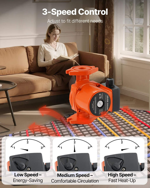 Front view of Cast Iron Circulator Pump for Home Water Heating 17 GPM 120V AC 1 Inch Flange 3 Speed Settings in living room.