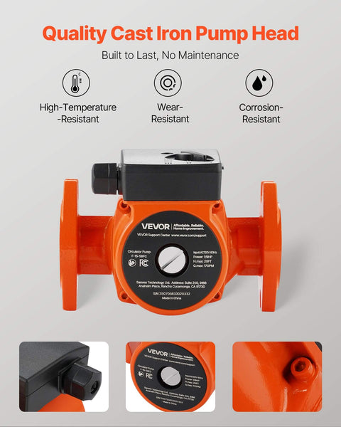 Front view of VEVOR cast iron circulator pump for home water heating, 17 GPM, 120V AC, 1 inch flange, 3 speed settings.