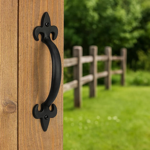 8 Inch Hammered Cast Iron Door Handle Heavy Duty Barn Door Pull For Gates Sheds And Cabinets With Rustic Black Grip installed on wood
