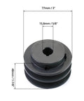 Durable Cast Iron Double Groove V Belt Pulley 3.05 Inch OD With Five Eighth Inch Fixed Bore and dimensions displayed