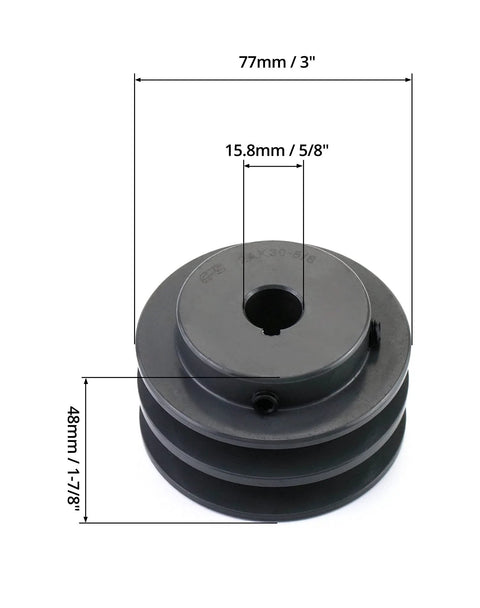 Durable Cast Iron Double Groove V Belt Pulley 3.05 Inch OD With Five Eighth Inch Fixed Bore and dimensions displayed