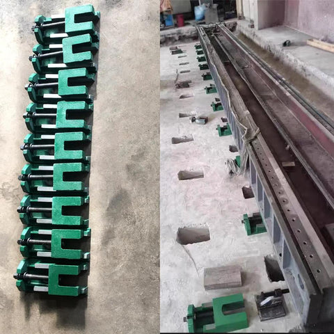 Adjustable Cast Iron Machine Leveling Feet Pad Set For Built Tough Heavy Duty Machinery in a set of eight, installed for stabilization