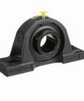 Front view of a robust mounted cast iron pillow block bearing with a solid one-piece housing for normal to medium-duty applications.