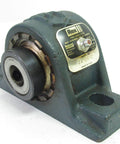 Rugged Cast Iron Spherical Roller Pillow Block Bearing With Two Bolt Mount And Set Screw Locking Collar Clearance Seal Non Expansion For Three Quarter Inch Shaft One And Nine Sixteenths Inch Base To Center And Four And Three Eighths Inch Bolt Centers, front view