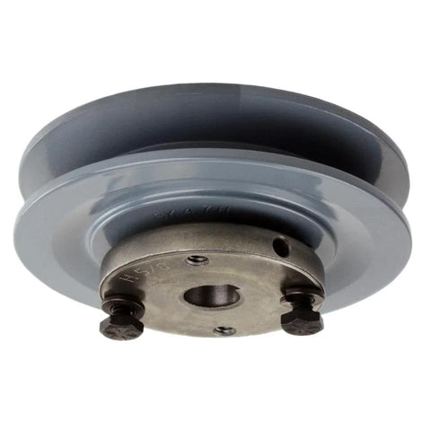 Side view of durable 4.5 inch cast iron single groove pulley designed for 5L belts with a 5/8 inch bushing, showing smooth power transfer features.