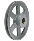 Side view of 6.45 inch diameter single groove cast iron pulley with 7/8 inch fixed bore for A B 4L and 5L V-belts industrial grade belt drive sheave