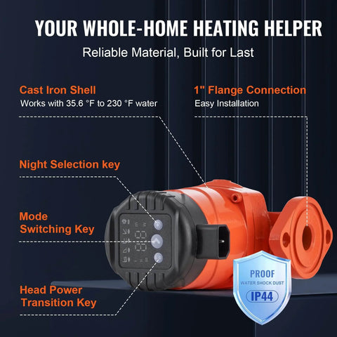 High Efficiency Hot Water Recirc Pump 16 GPM 110V 42W With 1 Inch NPT Flange For Home Water Heater System EMC Auto Circulation VEVOR 007E2F2 on display
