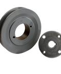 Durable 4.5 Inch Cast Iron Single Groove Pulley Designed For 5L Belts With A 5/8 Inch Bushing, showing front view and separate bushing
