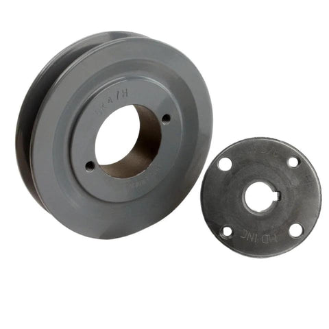 Durable 4.5 Inch Cast Iron Single Groove Pulley Designed For 5L Belts With A 5/8 Inch Bushing, showing front view and separate bushing