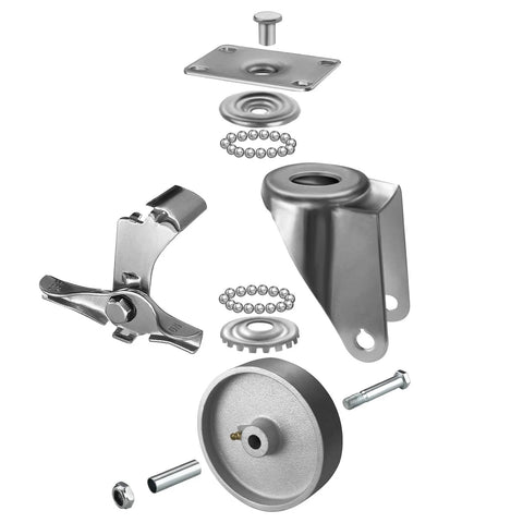 Exploded view of 5 Inch Heavy Duty Industrial Cast Iron Swivel Casters Set Of 4, 2000 Lb Capacity With Galvanized Steel Wheels parts