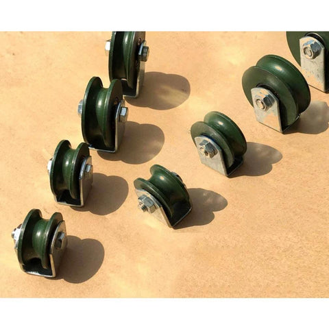 Heavy duty U-groove track pulley wheel set, cast iron sliding door rollers, 56 mm diameter, 4 pieces for wire rope rails.