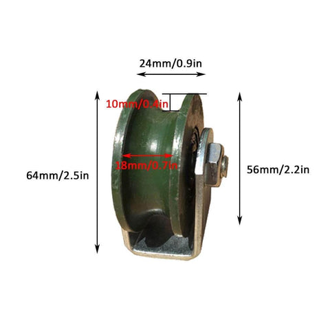 Side view of heavy duty U-groove track pulley wheel, 64mm high and 24mm wide, for inverted round tube systems, cast iron sliding door rollers.