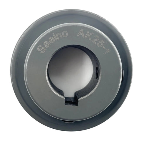 Front view of V Belt Pulley 1 Inch Bore 2.5 Inch OD Single Groove Cast Iron Sheave with visible keyseat and anti-rust coating AK251 Pulley