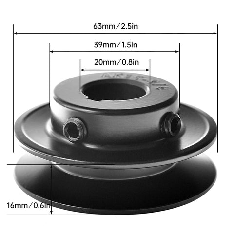 Dimensions of Beefy Cast Iron V Belt Pulley MINERGUY AK2534 with 2.5-inch OD and 3/4-inch bore, single groove, no bushing needed.
