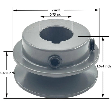 Two Inch Outside Diameter V Belt Pulley With One Groove For Three Quarter Inch Bore Cast Iron Motor Pulley with dimensions shown