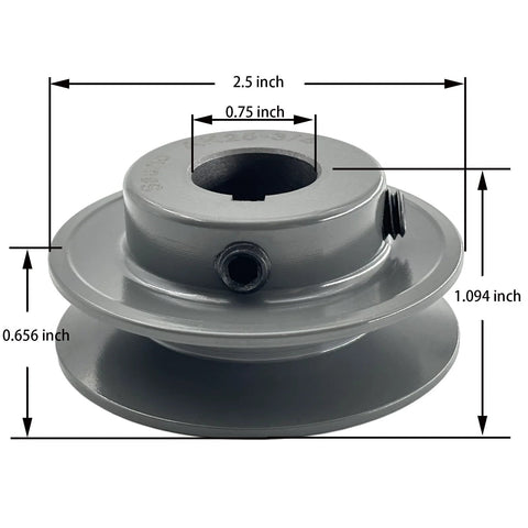 Three Quarter Inch Bore V Belt Pulley With Two Point Five Inch Outer Diameter One Groove Cast Iron Motor Pulley For A 3L And 4L V Belts Not For Toothed Belts AK2534 Style with measurements