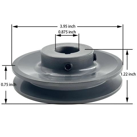 7/8 Inch Bore V Belt Pulley With 3.95 Inch Outside Diameter One Groove Cast Iron Sheave For A AX 3L 4L V Belts, side view with dimensions.
