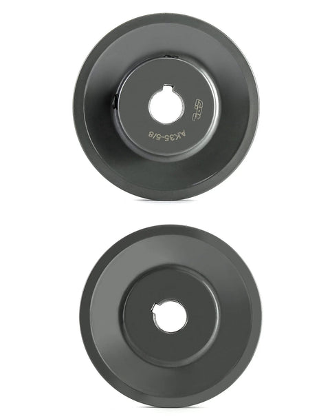 Front and back view of Heavy Duty Cast Iron V Belt Pulley By QWORK AK3558 3.55 Inch Outer Diameter, Five Eighth Inch Bore single groove sheave.