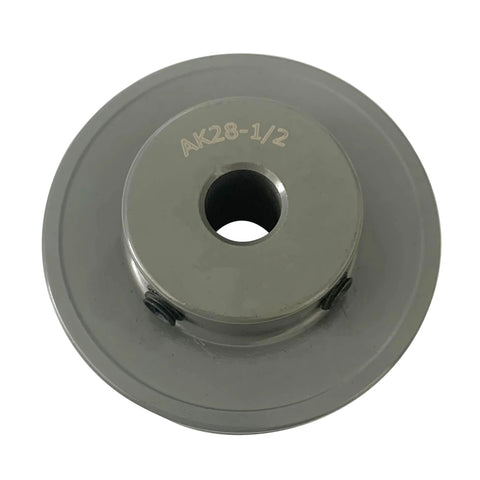 Front view of gray Beefy Cast Iron V Belt Pulley, 5.75 inch OD, 1 inch bore, for A, AX, 3L, 4L belts, single groove, durable and corrosion resistant.