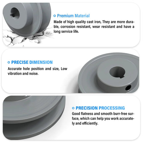 Single Groove V Belt Pulley For V-Belt Drive Systems, Two Point Five Inch Outer Diameter, Five Eighth Inch Bore, features and material