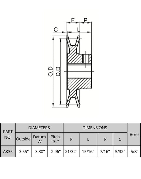 Technical diagram of Heavy Duty Cast Iron V Belt Pulley By QWORK AK3558 with dimensions and specifications for industrial machinery.