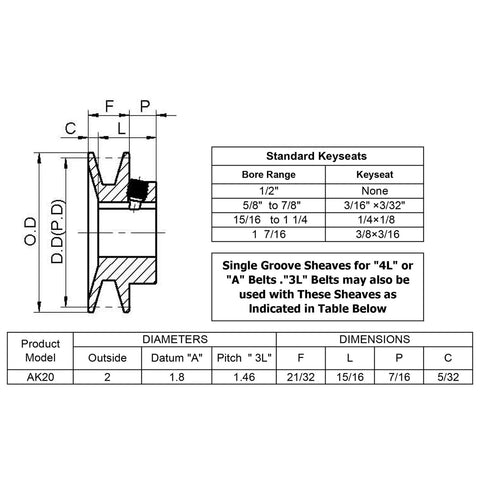 Technical diagram of a Two Inch Outside Diameter V Belt Pulley With One Groove For Three Quarter Inch Bore Cast Iron Motor Pulley