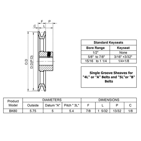 Technical diagram of Heavy Duty Cast Iron V Belt Pulley With Seven Eighth Inch Bore And Five Point Seven Five Inch Outer Diameter One Groove For A AX B BX 4L And 5L V Belts Static Balanced Rust Resistant Finish Includes Standard Keyseat BK6078.
