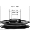 Side view of sturdy 1 inch bore V belt pulley in cast iron, 4.9 inch outside diameter with measurements highlighted, epoxy powder coated finish