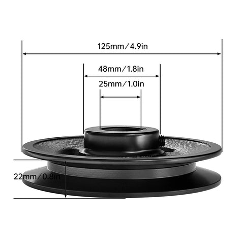 Side view of sturdy 1 inch bore V belt pulley in cast iron, 4.9 inch outside diameter with measurements highlighted, epoxy powder coated finish