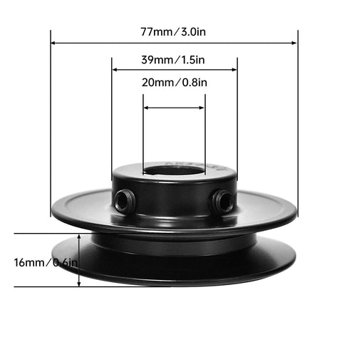 Side view of Single Groove V Belt Pulley For A AX 3L 4L Belts, Three Quarter Inch Bore, Three Inch Outer Diameter, Cast Iron Construction