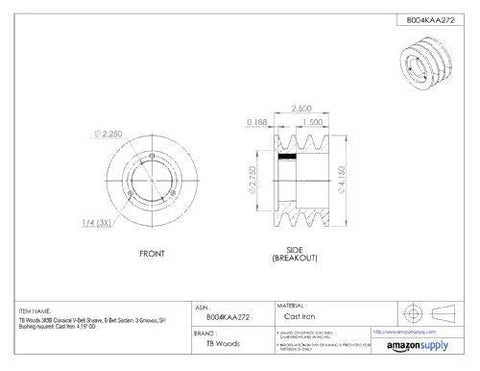 Technical drawing of Classical V Belt Sheave for B Belt Section with Three Grooves in Cast Iron, 9.75 Inch Outer Diameter, SK Bushing Required.