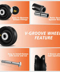 4 Inch By One And A Half Inch Cast Iron V Groove Wheel With Roller Bearing 600 Lbs Capacity Designed For Heavy Duty Roll Tracks And Sliding Gates Industrial Metal Casters For Rolling Applications Durable Black 1 Pack with features highlighted