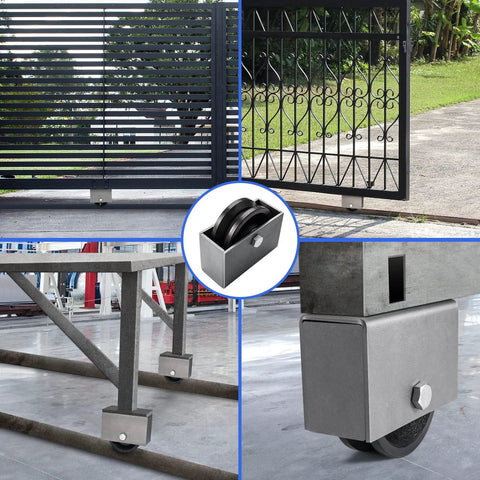Collage of V Groove Cast Iron Wheel with Weldable Box for Sliding Gates and Rolling Doors, 4 by 1.5 inch, installed on gates