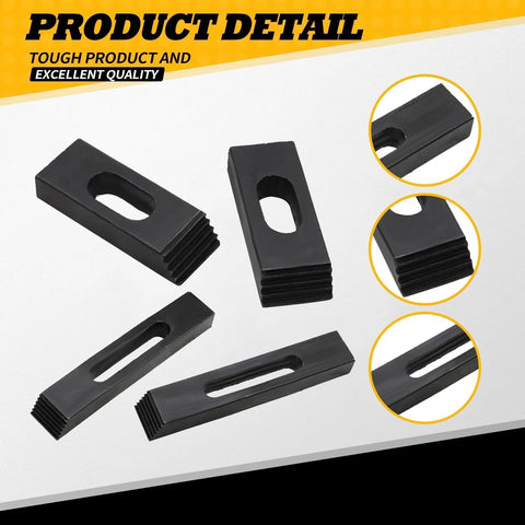 Cast steel components of T slot hold-down clamp kit for machine tools.