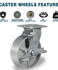 Heavy Duty Industrial Casters 6 By 2 Inch Rigid And Brake Wheels With Roller Bearing Semi Steel Cast Iron Wheels For Heavy Loads 5000 Lbs Capacity Per Set Of 4 Durable Construction For Warehouses, Workshops And Equipment