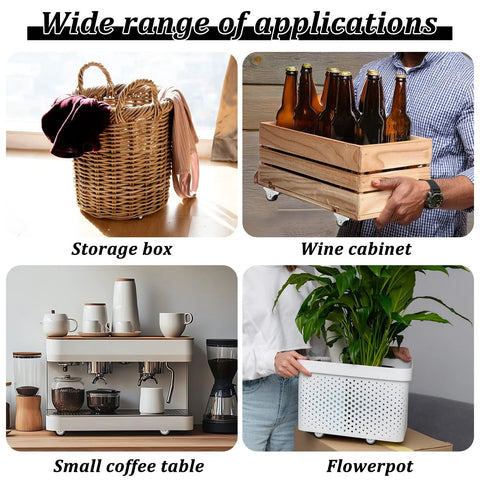Four applications of 12 Pieces Fixed Caster Wheels Set for storage box, wine cabinet, small coffee table, and flowerpot.