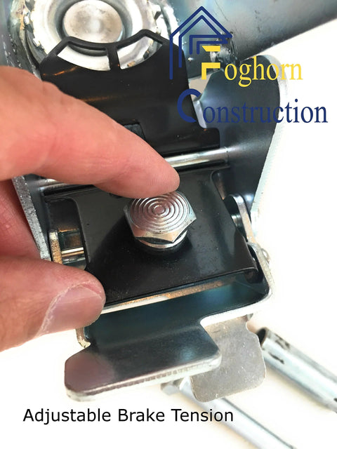 Close-up of the brake mechanism on an industrial 6 inch by 2 inch caster set of 4, showcasing adjustable tension feature.