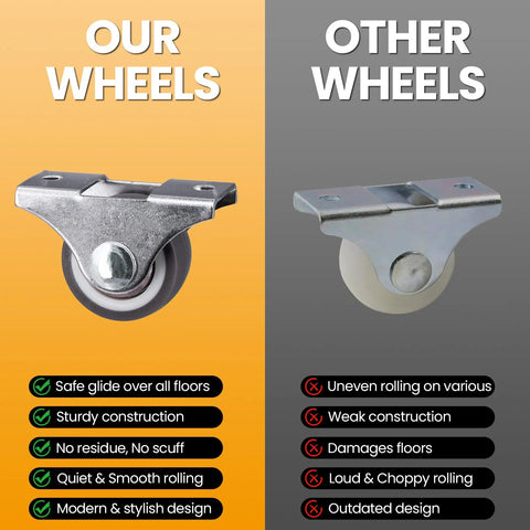 Comparison of mini fixed casters set of 4 with rubber wheels and bearings, highlighting safe glide and sturdy construction against other models.